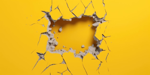 Breaking out of a hole in solid yellow wall torn hole empty copy space frame mockup generative ai image weber