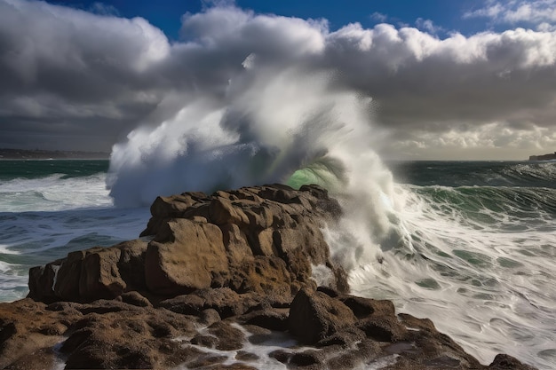 Breaking wave crashing against rocky outcropping with dramatic sky in the background