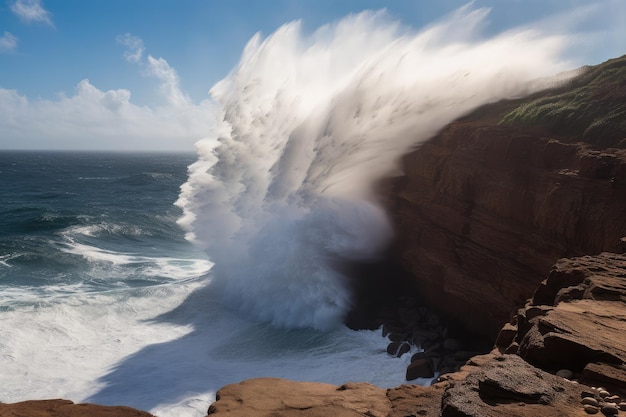 Breaking wave hitting cliff side with spray flying high into the air