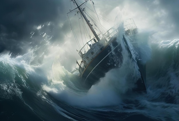 breaking wave over a ship storm