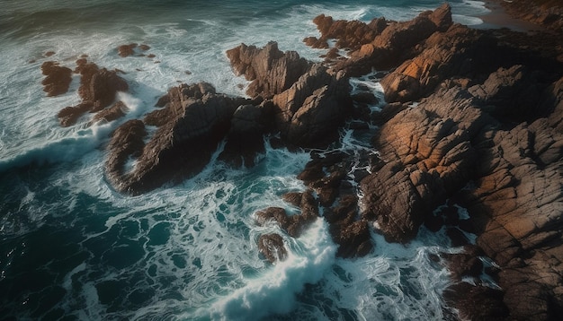 Breaking waves crash against rocky coastline beauty abounds generated by AI