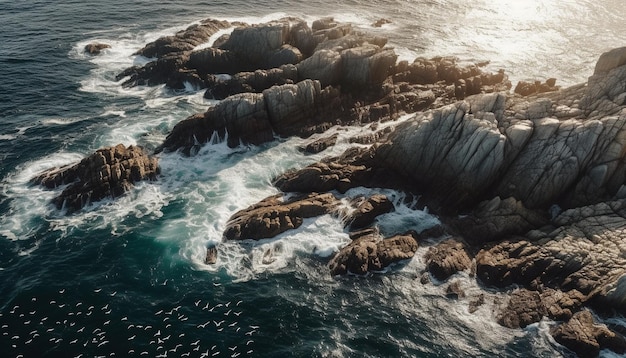 AI가 생성한 바위가 많은 해안선의 목가적인 아름다움에 부서지는 파도 충돌
