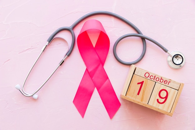 Photo breast awareness ribbon with 19th october wooden box and stethoscope on pink backdrop