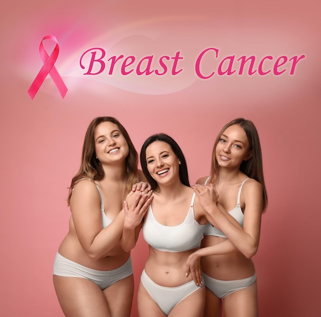 Breast cancer awareness Group of women in underwear on pink background