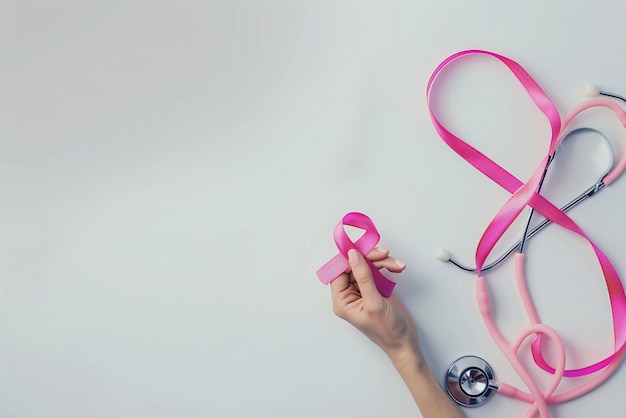 Foto mese di consapevolezza sul cancro al seno mano con nastro rosa e stetoscopio