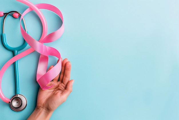 Photo breast cancer awareness month hand holding pink ribbon and stethoscope