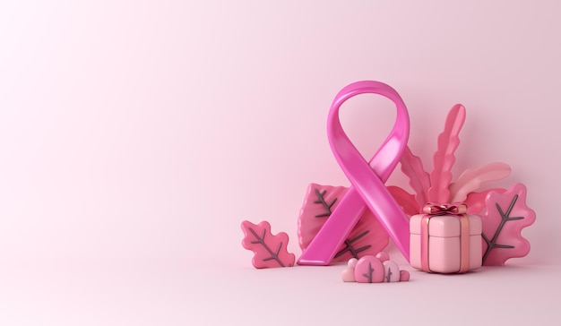 Breast cancer awareness ribbon with gift box 3d rendering