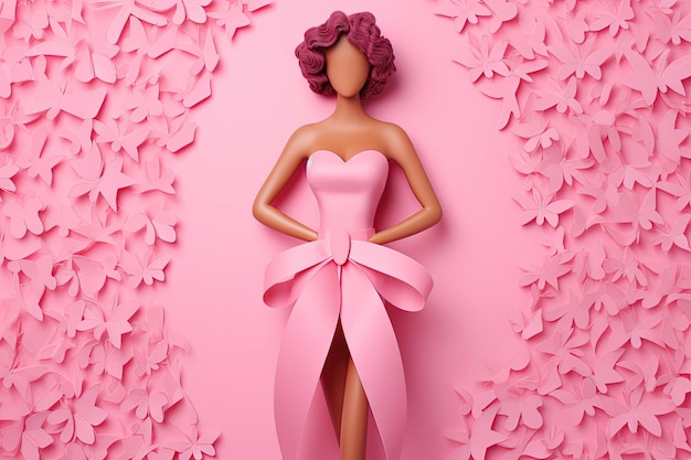Фото Символ осведомленности о раке молочной железы для октябрьской кампании с розовой лентой и бумажной куклой девочки на булавке