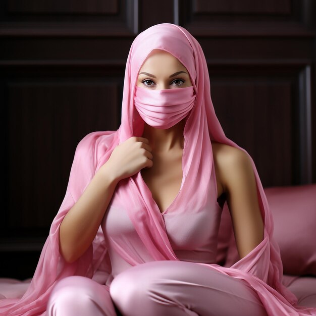 Breast cancer awareness woman in pink tshirt with satin pink ribbon on her chest supporting