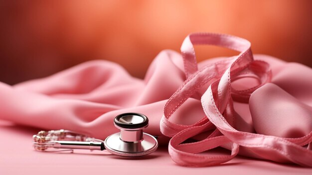 Breast cancer concept with pink ribbon and a stethoscope on a pink background