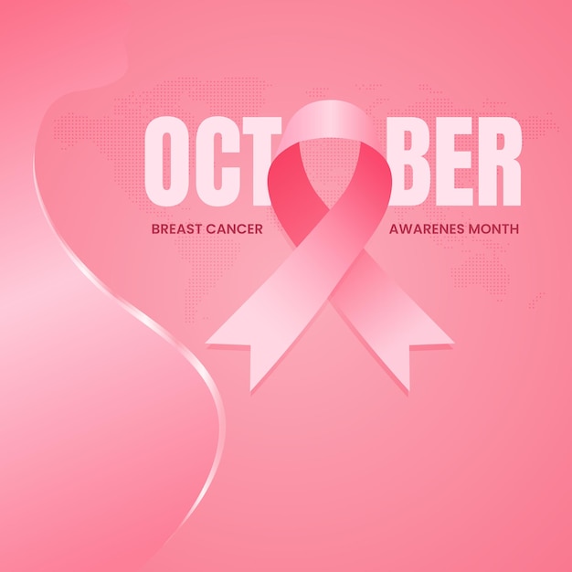 breast cancer day october 19th square banner with ribbon and woman silhouette illustration