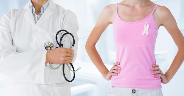 Breast cancer doctor and woman with pink awareness ribbon