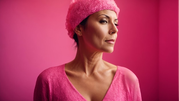 乳がん患者 ピンクの背景に分離された乳がんの女性