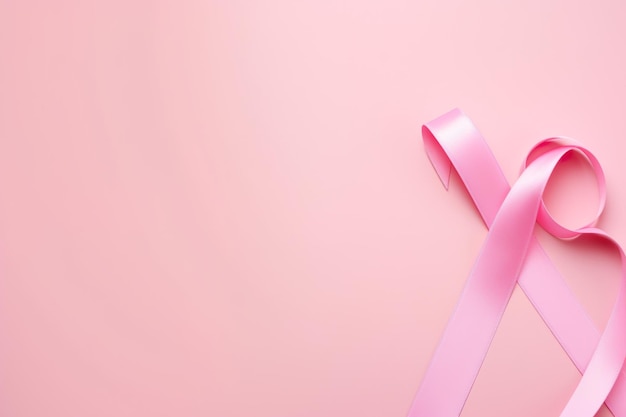 Photo breast cancer pink ribbons on pink backdrop with copyspace generative ai