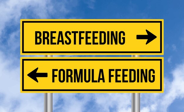Breastfeeding or formula feeding road sign on sky background