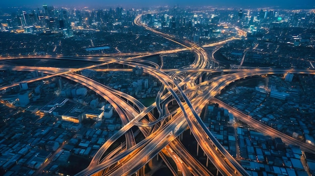 A breathtaking aerial perspective of an expansive city's intricate patterns and luminous waterways