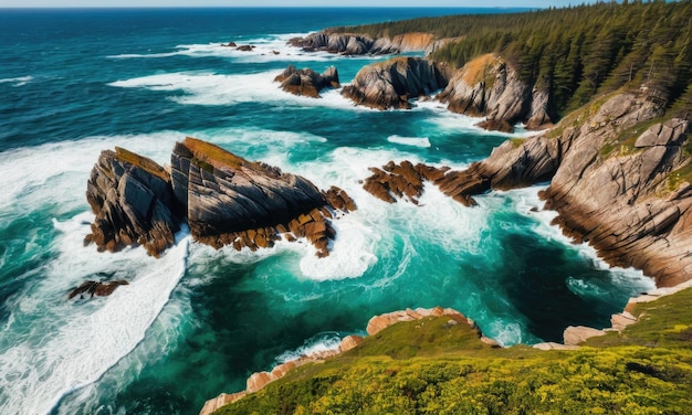 A breathtaking aerial perspective of a rugged coastline where crashing waves meet majestic rocky