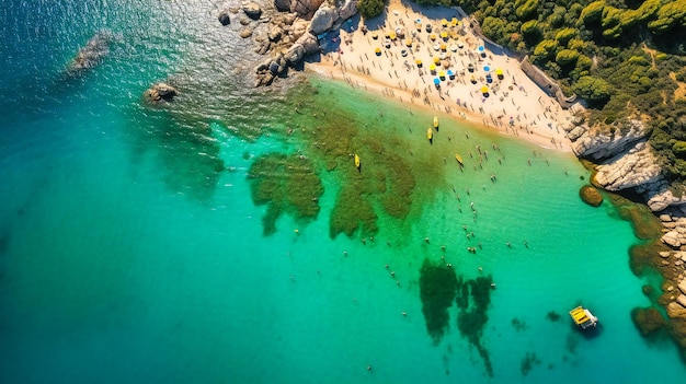 A breathtaking aerial snapshot of a lively idyllic beach during a sunsoaked summer day