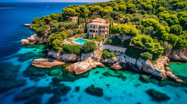 A breathtaking aerial view of a grand Mediterranean mansion surrounded by lush gardens and a tranquil pool