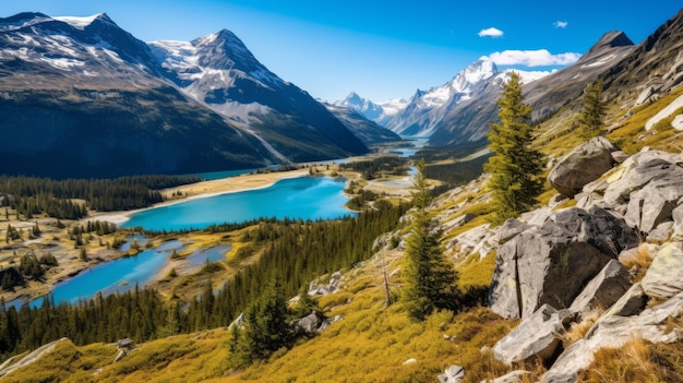 A breathtaking alpine landscape with glacier fed lakes