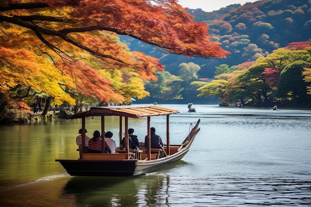 Breathtaking Autumn Spectacle Traditional Japanese Bargee People Revel in the Vibrant Hues of Arash