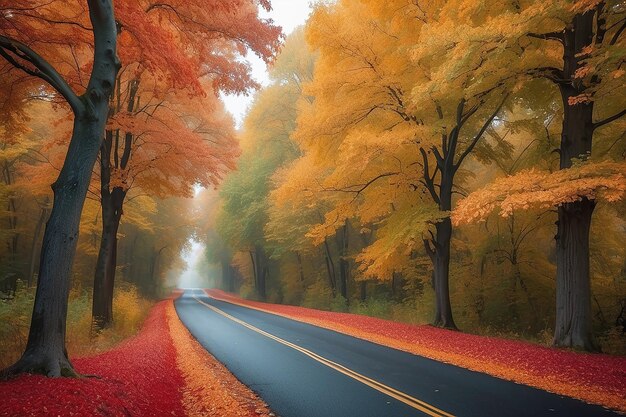 Breathtaking autumn view of a road surrounded by beautiful and colorful tree leaves