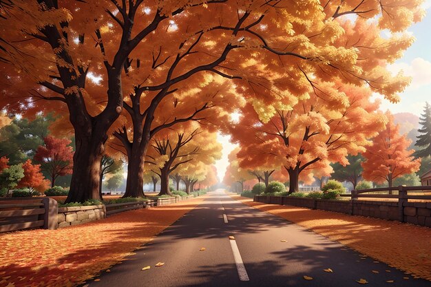 Photo breathtaking autumn view of a road surrounded by beautiful and colorful tree leaves