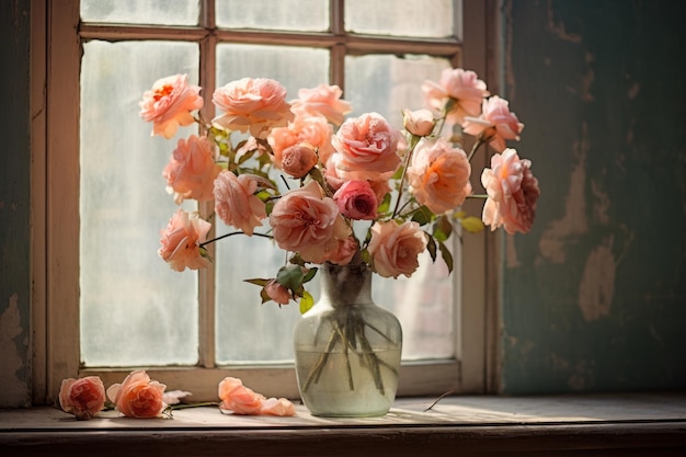 숨을 끄는 아름다움의 장미는 창문 앞에 꽃을 피운다 AR 32