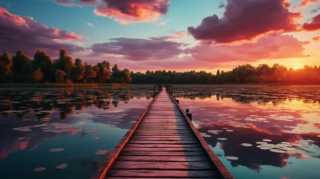 Foto la bellezza mozzafiato di una sera d'estate con la nostra straordinaria fotografia di un tramonto su un molo guarda come il sole tramonta graziosamente dietro il molo un riflesso affascinante nelle acque calme