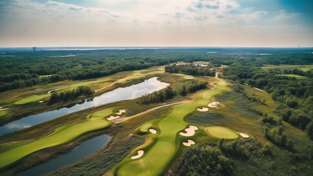 A breathtaking bird'seye view of a pristine golf course and players immersed in the game