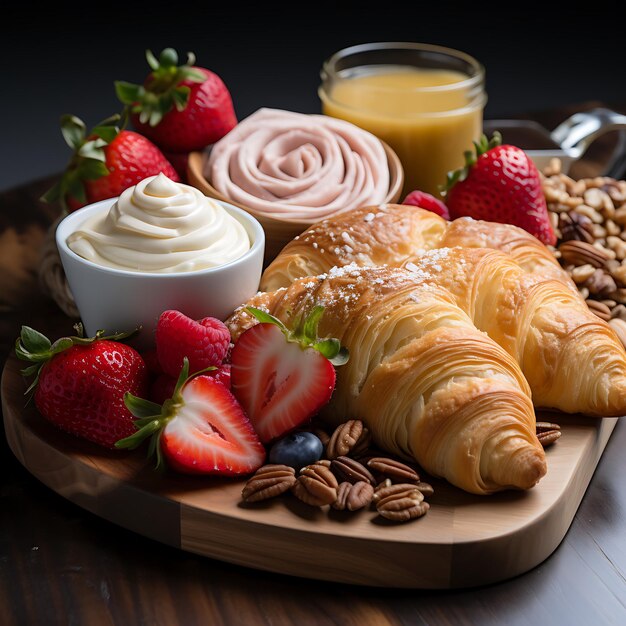 a breathtaking breakfast board placed on a white bed