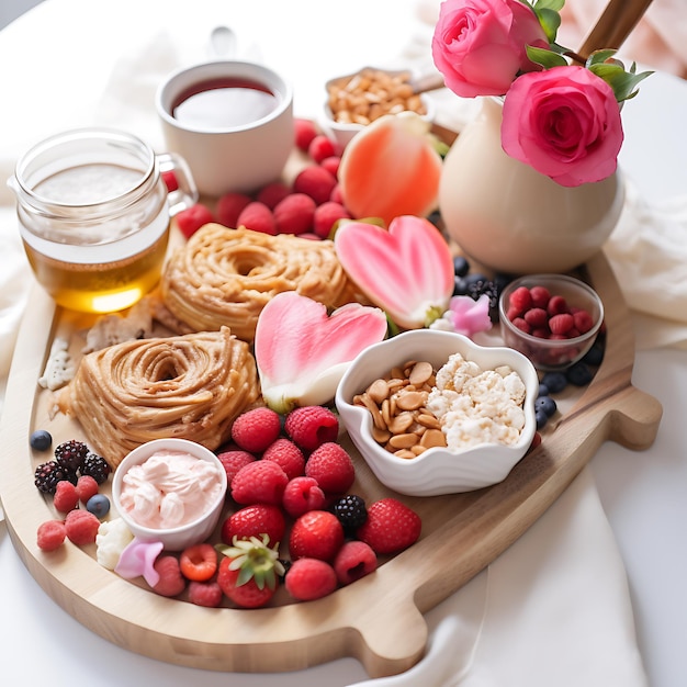 a breathtaking breakfast board placed on a white bed