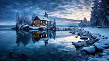 Photo breathtaking capture of a lakeside cabin during the magical twilight hours on a pristine canadian winter day