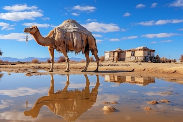 Breathtaking central asian landscape traditional tents and camels in picturesque setting