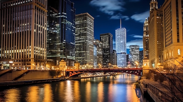 Photo breathtaking chicago skyline at night adorned with shimmering lights a bustling city full of life generative ai