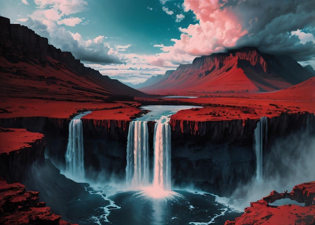 Photo breathtaking cinematic comic book graphic illustration of blood waterfall dramatic sky