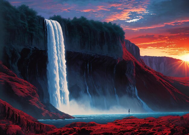 breathtaking cinematic comic book graphic illustration of blood waterfall dramatic sky