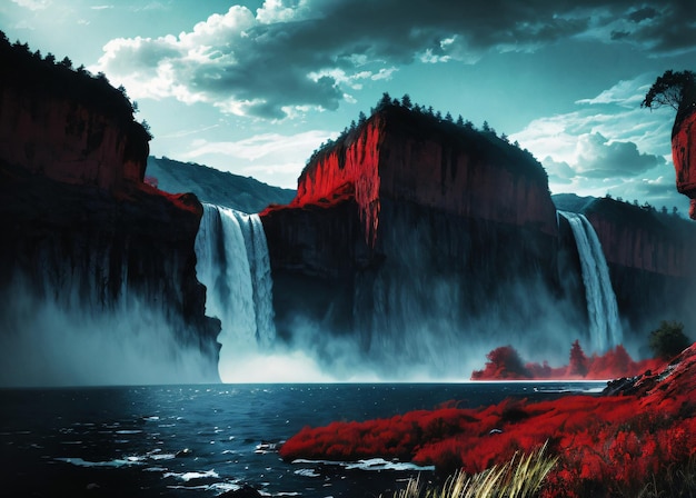 Photo breathtaking cinematic comic book graphic illustration of blood waterfall dramatic sky