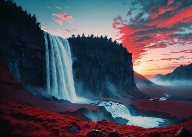 breathtaking cinematic comic book graphic illustration of blood waterfall dramatic sky