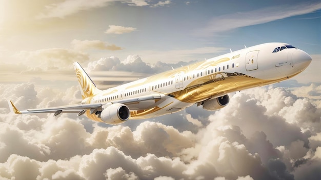 Breathtaking Closeup of Golden Passenger Airbus Soaring Above White Clouds