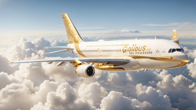 Breathtaking Closeup of Golden Passenger Airbus Soaring Above White Clouds