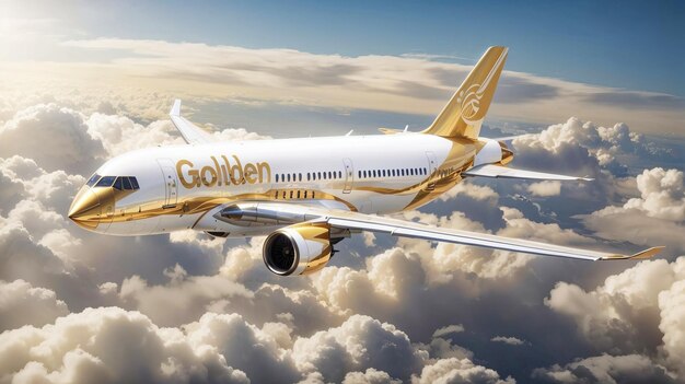 Захватывающий крупный кадр золотого пассажирского авиалайнера, летящего над белыми облаками
