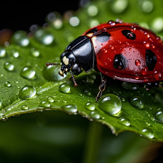 A breathtaking closeup of a vibrant red ladybug resting on a fresh green leaf