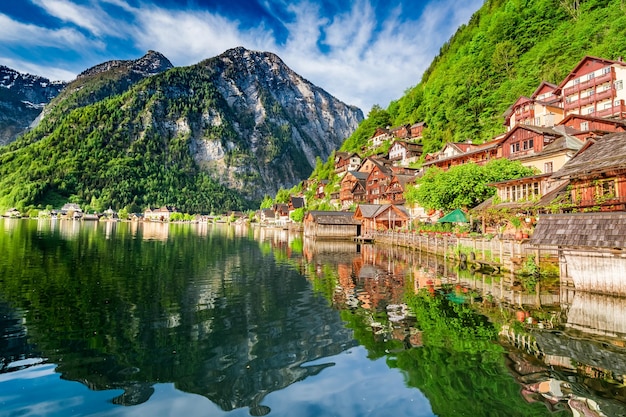 Breathtaking dawn at mountain lake in Hallstatt Alps Austria Europe