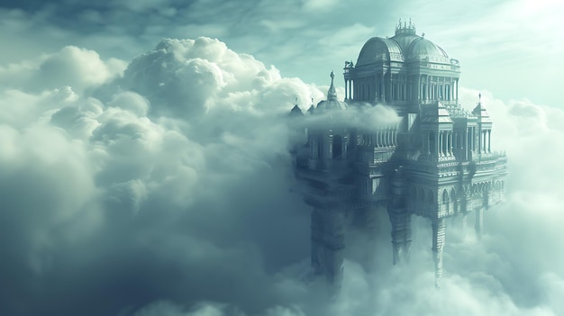 A breathtaking ethereal 3D render featuring a magnificent floating temple enveloped by billowy clouds Radiating mystical allure this captivating image transports viewers to a realm of ench