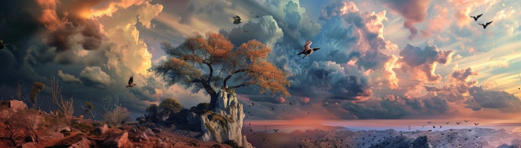 Photo a breathtaking fantasy landscape with a dramatic sky vibrant colors and a solitary tree capturing an atmosphere of myth and adventure