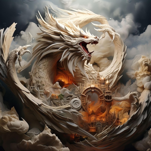 breathtaking flight of a mythical dragon as it soars through the clouds in a 3D paper