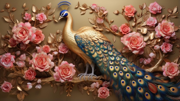 A breathtaking golden relief sculpture of a peacock perched on a branch surrounded by vibrant roses