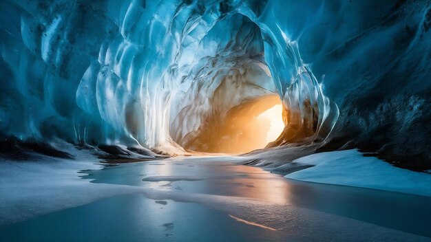 A breathtaking ice cave scene with towering icy walls and a bluish hue illuminated by glowing ice