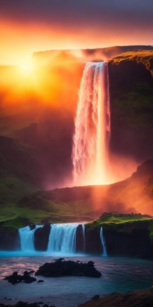 A breathtaking Icelandic waterfall during sunset